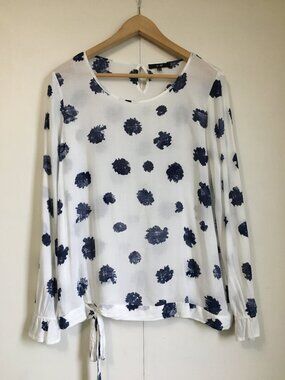 Yest The Netherlands White Rayon Poet Blouse Navy Abstract Splotch Tie Waist